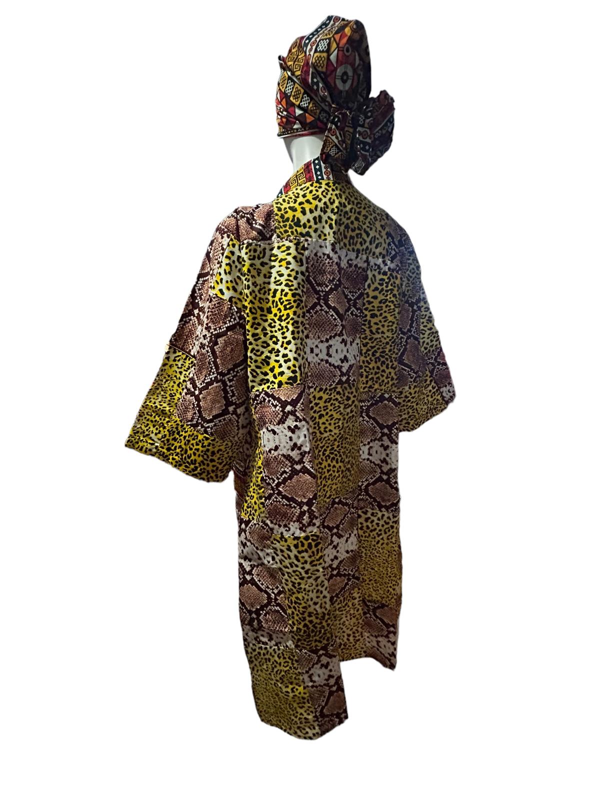 Authentic Ankara/Animal Print  Kimono Duster, Headwrap, and Earrings With Pockets