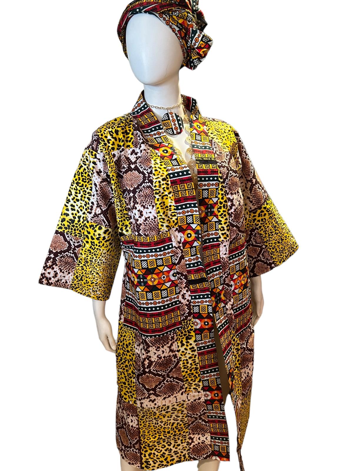 Authentic Ankara/Animal Print  Kimono Duster, Headwrap, and Earrings With Pockets