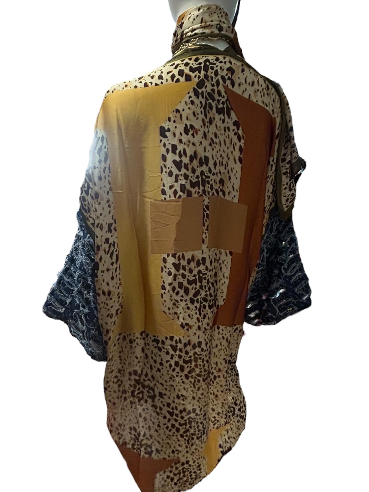 Animal Print Duster with Denim Distressed Sleeve