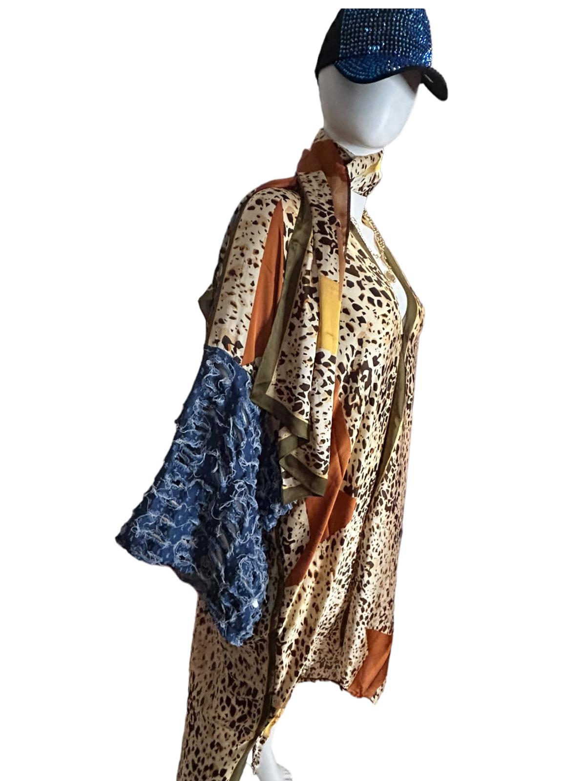 Animal Print Duster with Denim Distressed Sleeve