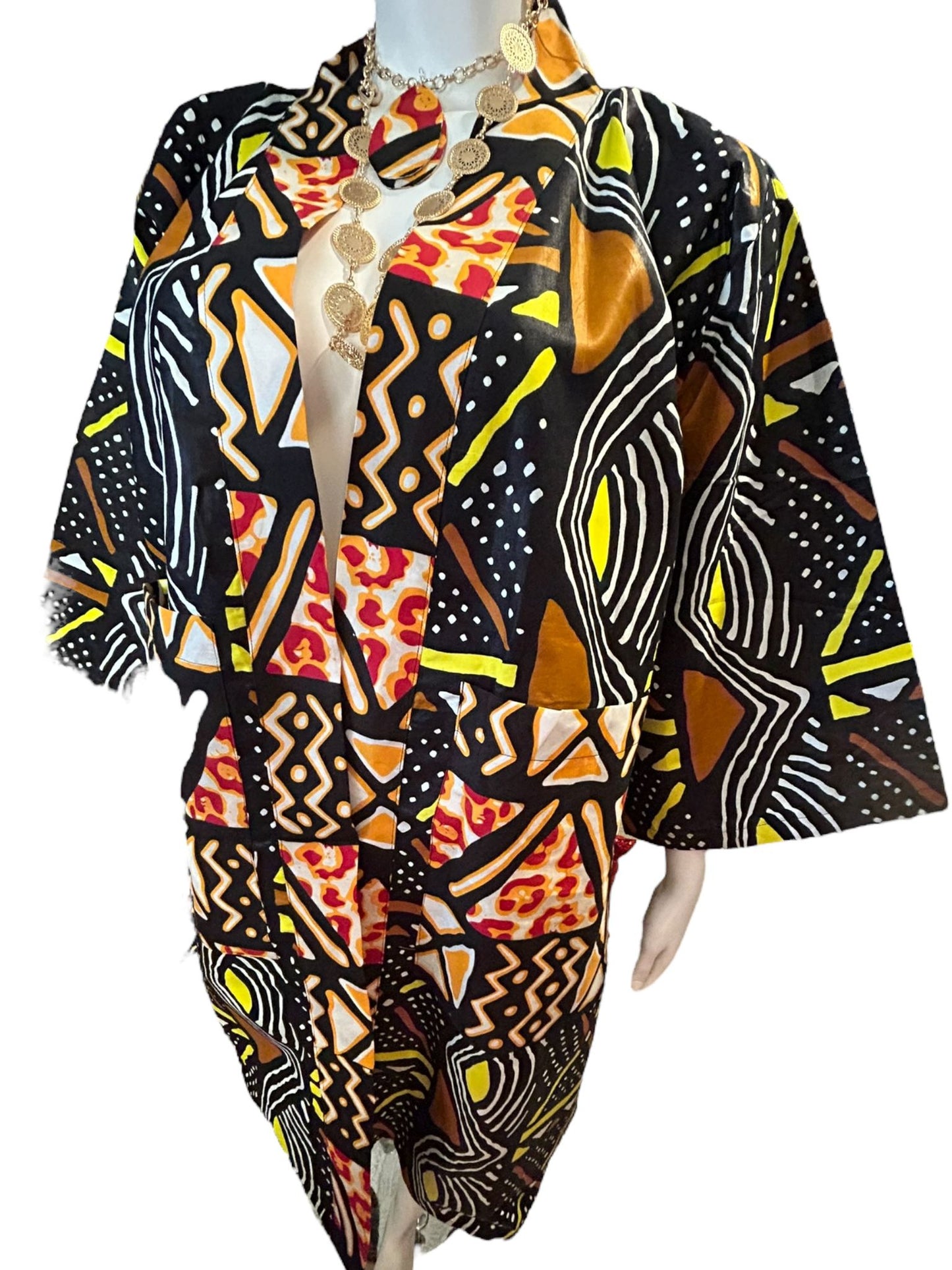 Authentic Ankara  Kimono Duster, Headwrap and Earrings With Pockets