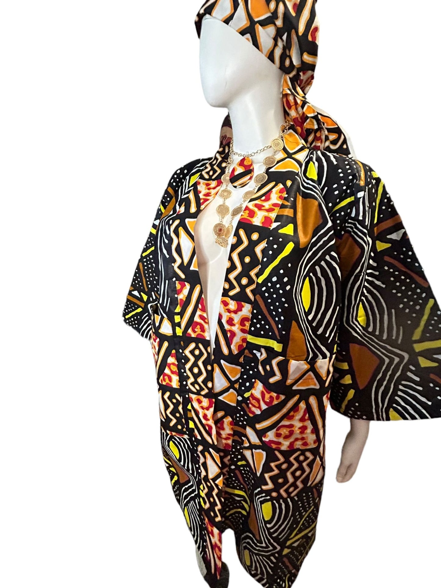 Authentic Ankara  Kimono Duster, Headwrap and Earrings With Pockets