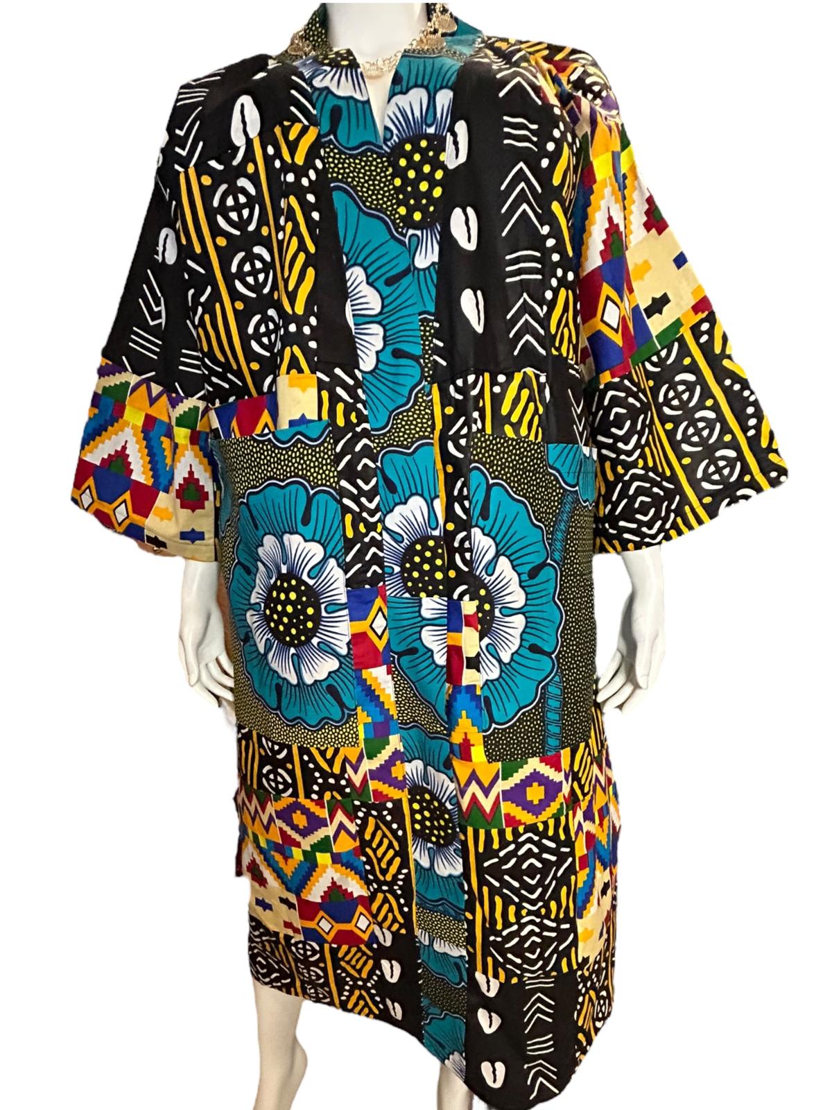 Authentic African Print Kimono Duster and Headwrap With Pockets