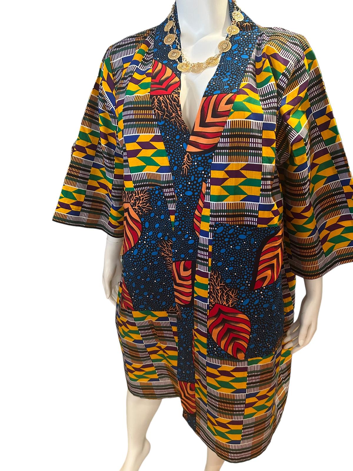 Authentic African Ankara Kimono Duster and Headwrap With Pockets