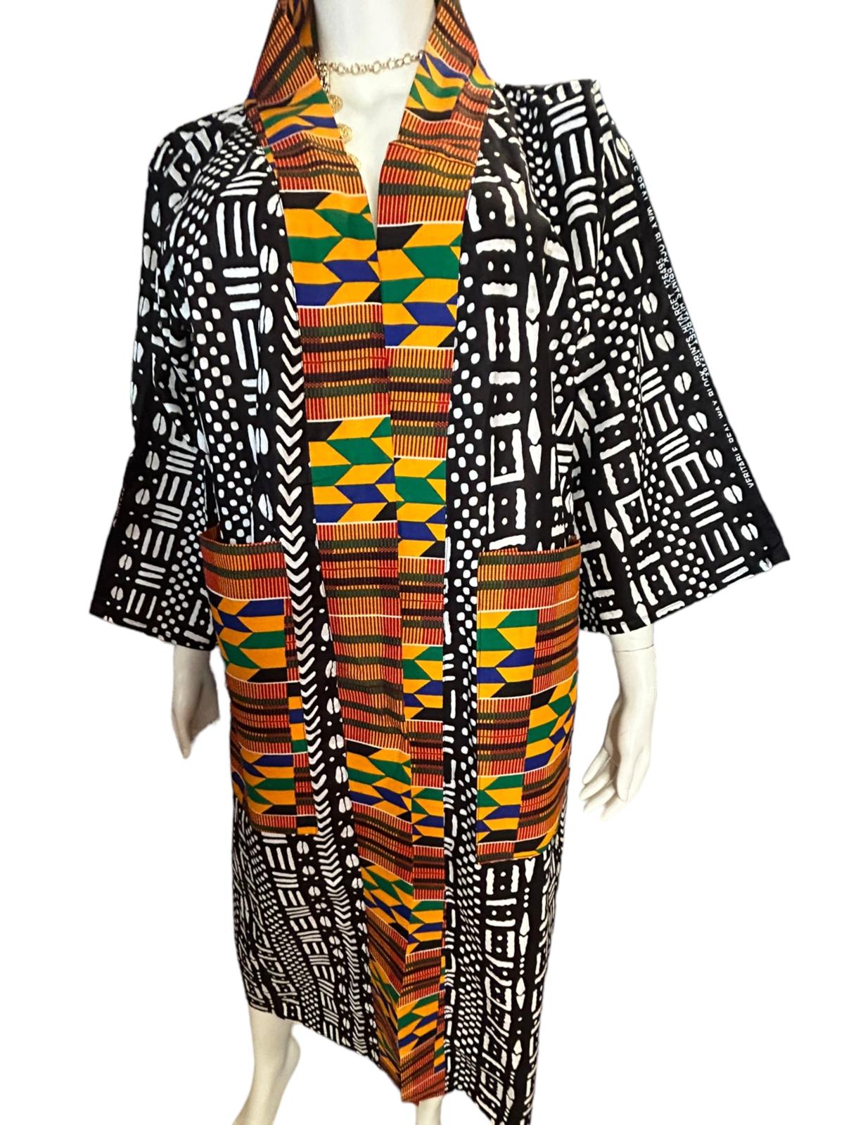 Authentic African Print Ankara Kimono Duster and Headwrap with Pockets