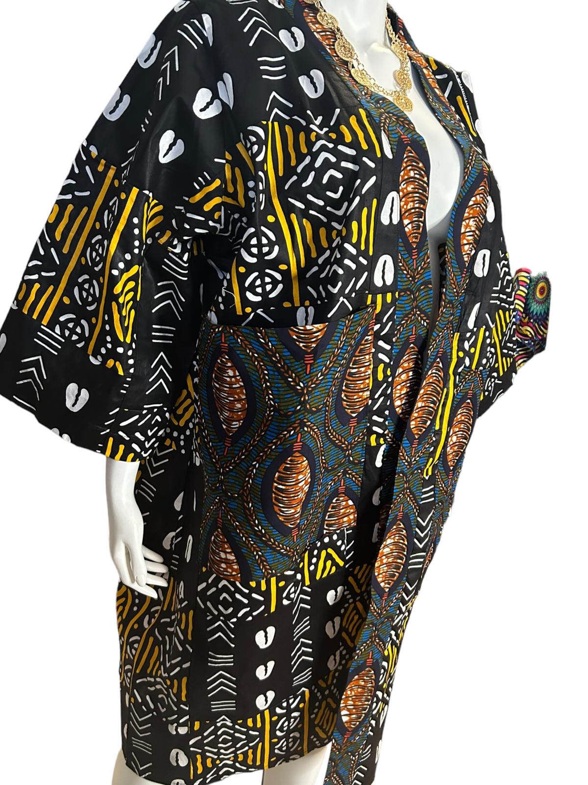 Authentic African Print Ankara Kimono Duster & Headwrap with Pockets