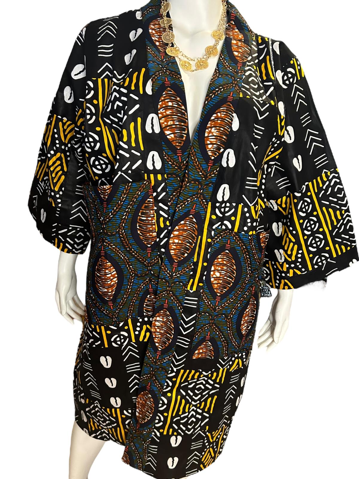 Authentic African Print Ankara Kimono Duster & Headwrap with Pockets