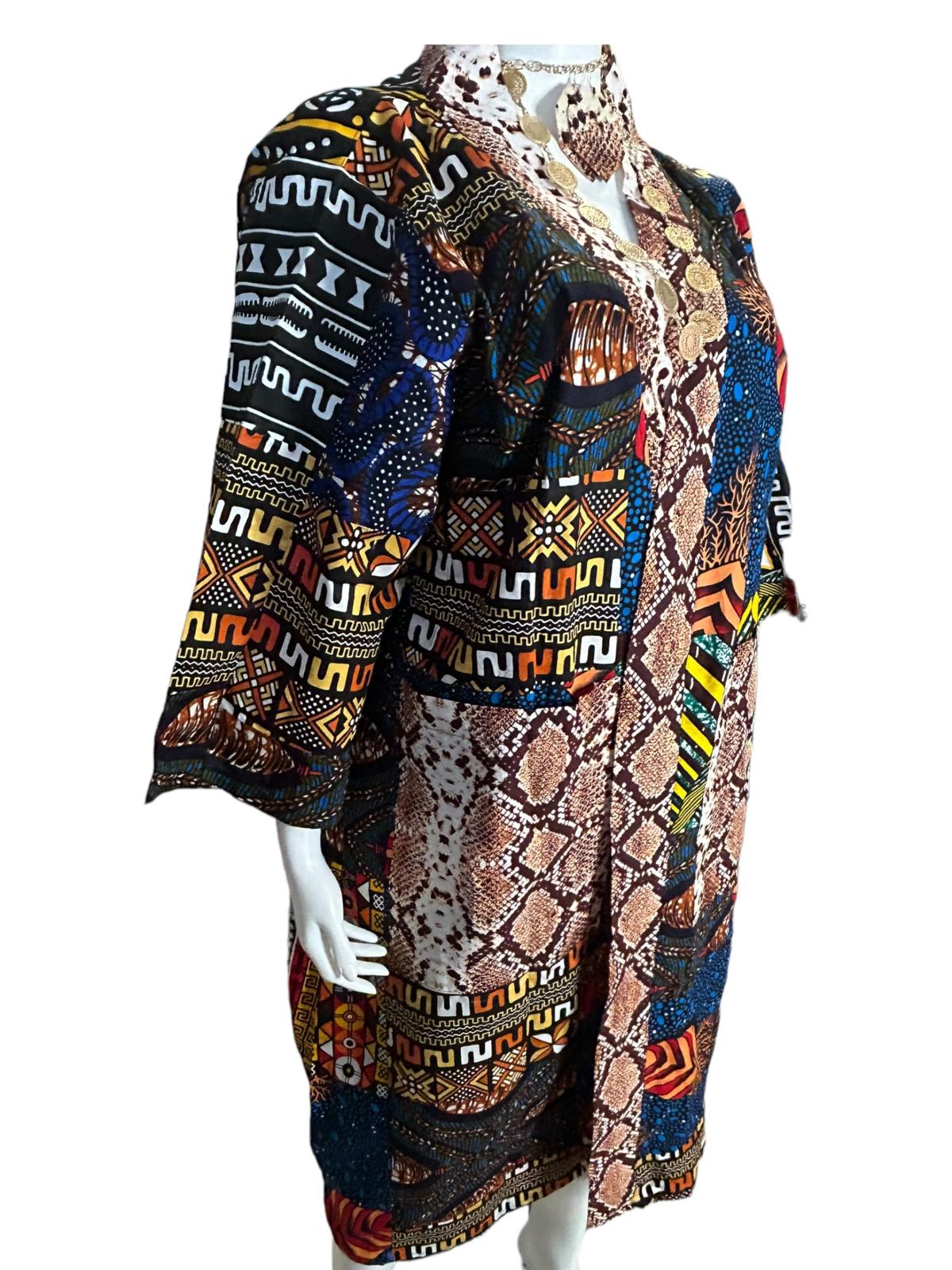 Authentic African Print Ankara Kimono Duster and Earrings With Pockets