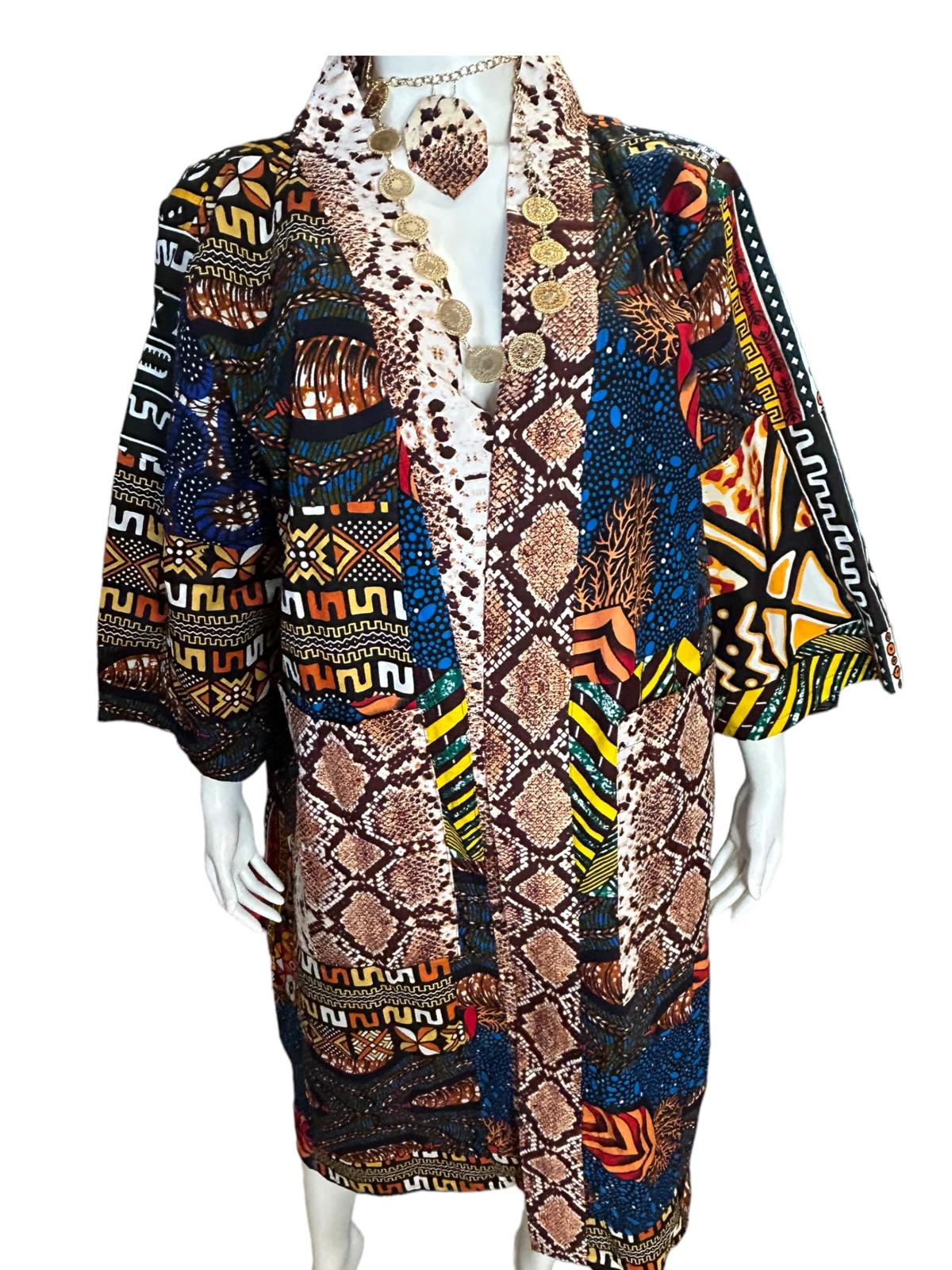 Authentic African Print Ankara Kimono Duster and Earrings With Pockets