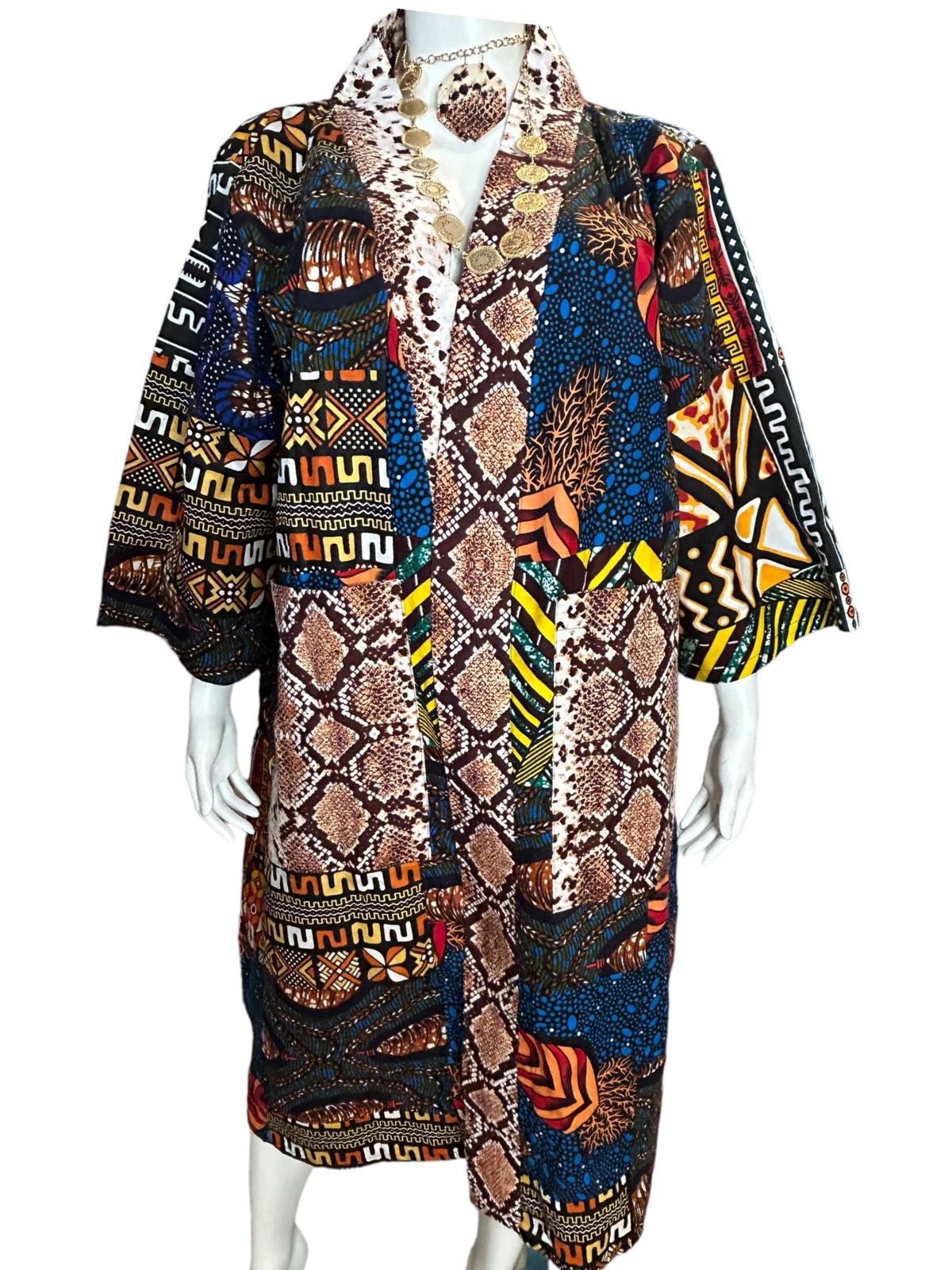 Authentic African Print Ankara Kimono Duster and Earrings With Pockets