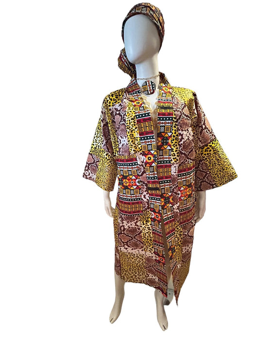 Authentic Ankara/Animal Print  Kimono Duster, Headwrap, and Earrings With Pockets