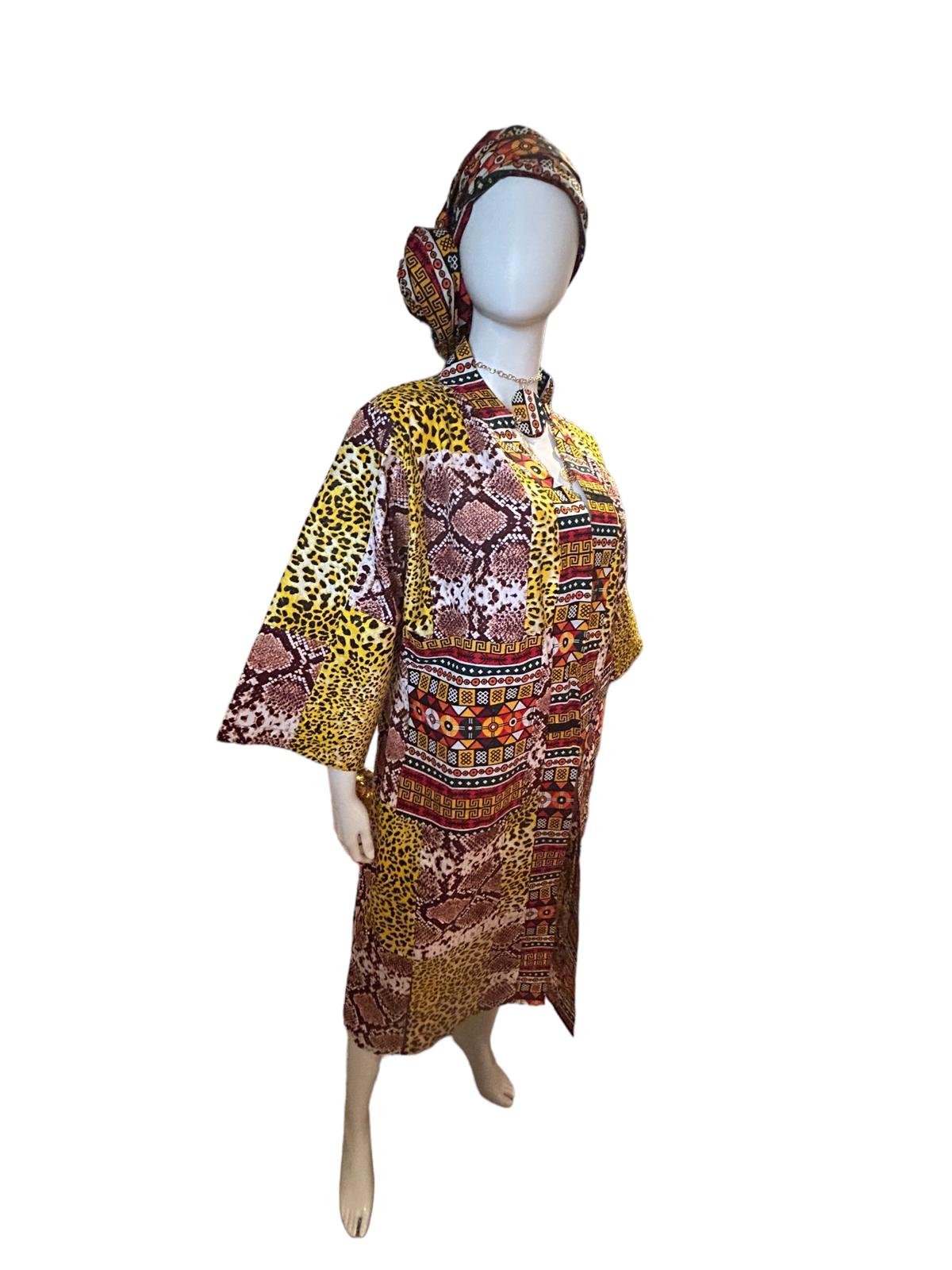 Authentic Ankara/Animal Print  Kimono Duster, Headwrap, and Earrings With Pockets